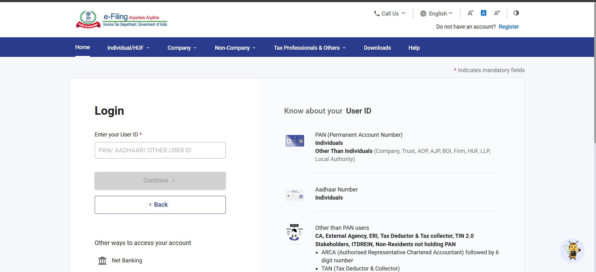 Income Tax e-Filing portal login screen