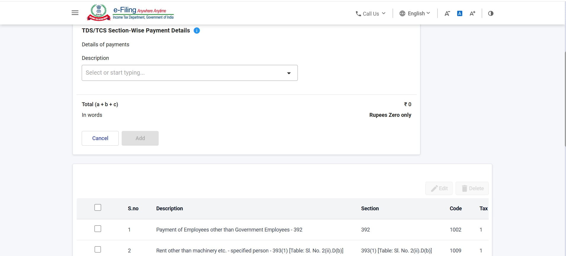 TDS/TCS Section-Wise Payment Details showing multiple sections added in a single challan