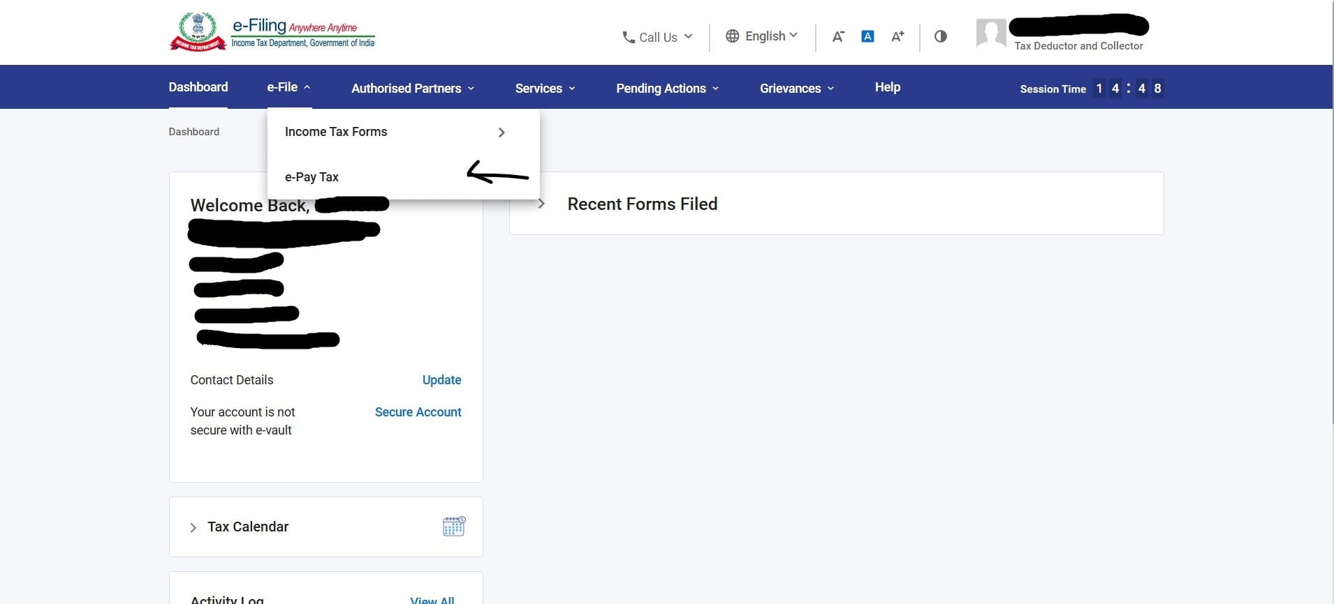 e-File menu with e-Pay Tax option highlighted