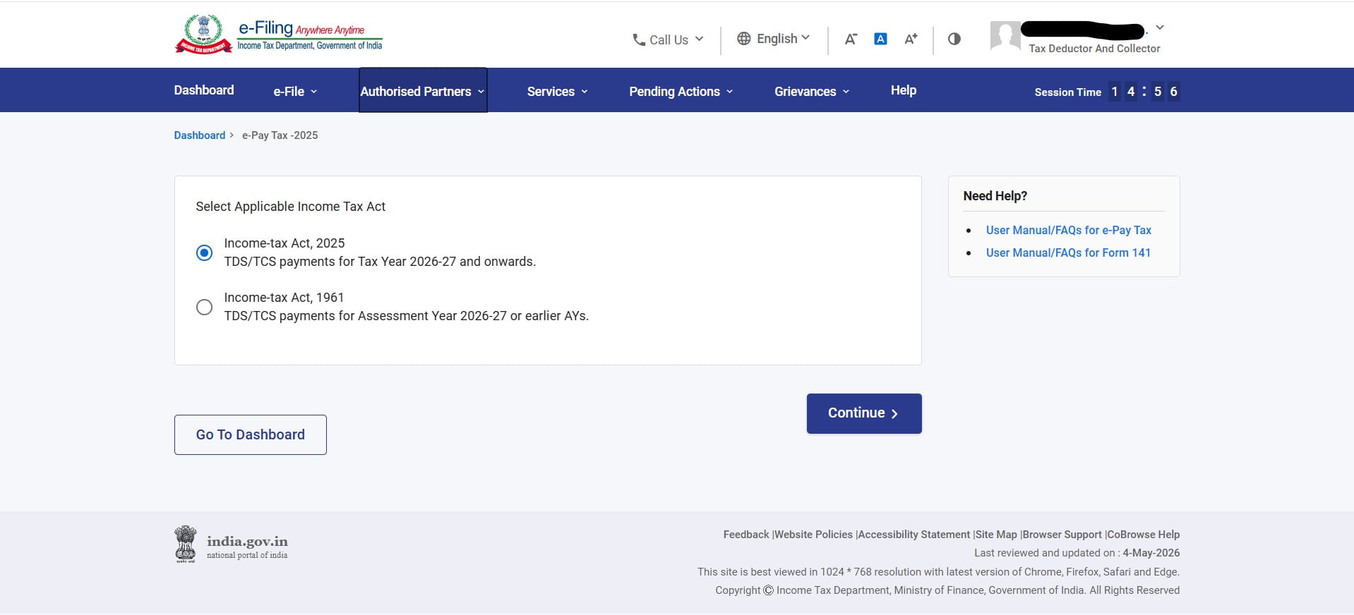 Select Applicable Income Tax Act screen — Income-tax Act 2025 selected