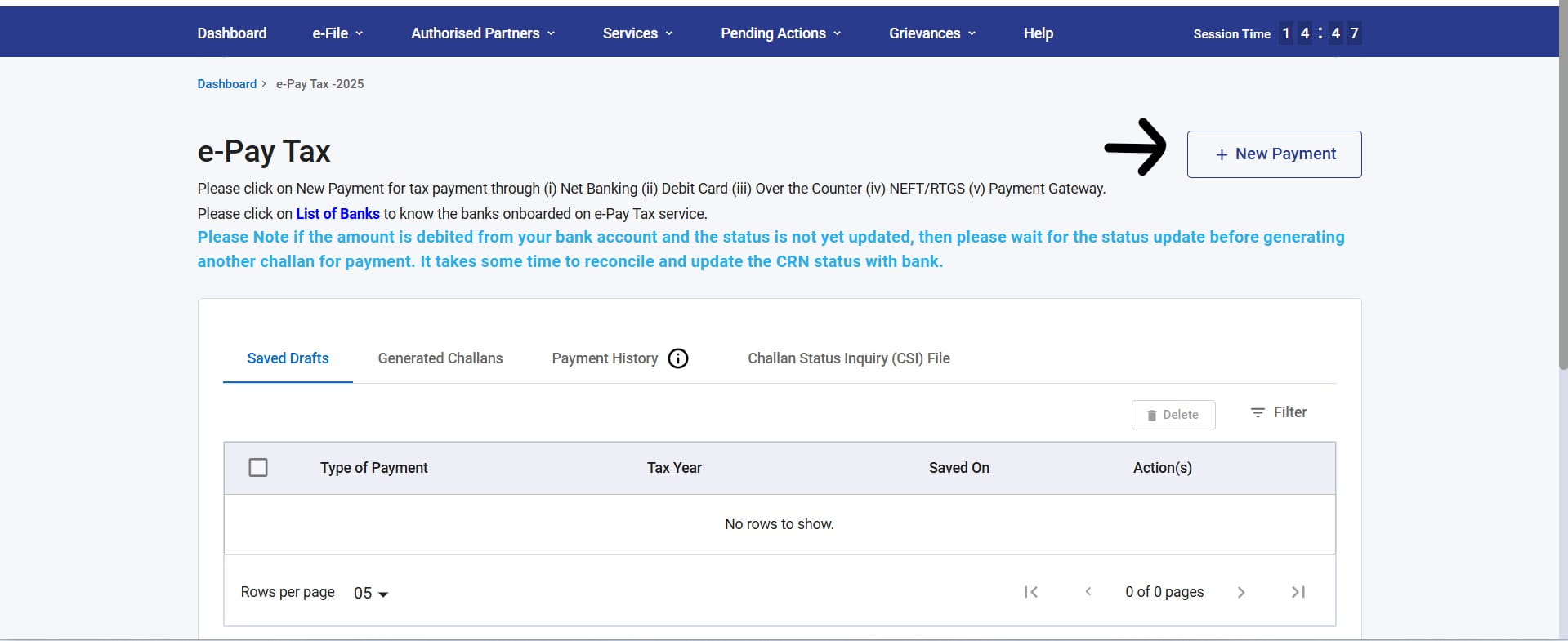 e-Pay Tax dashboard with New Payment button highlighted
