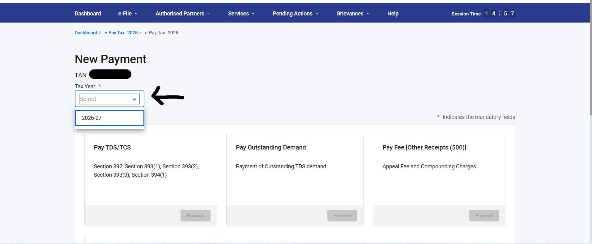 New Payment screen with Tax Year 2026-27 dropdown