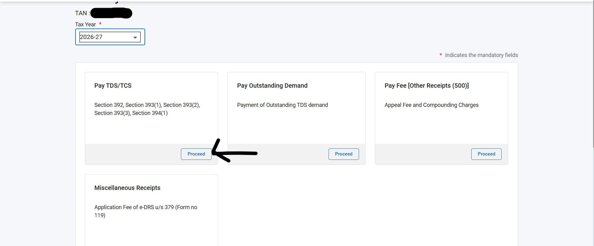Pay TDS/TCS card with Proceed button highlighted