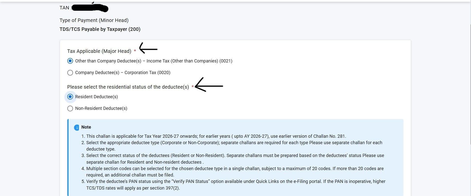 Major Head selection — 0020 Corporation Tax, 0021 Income Tax other than companies, and residential status