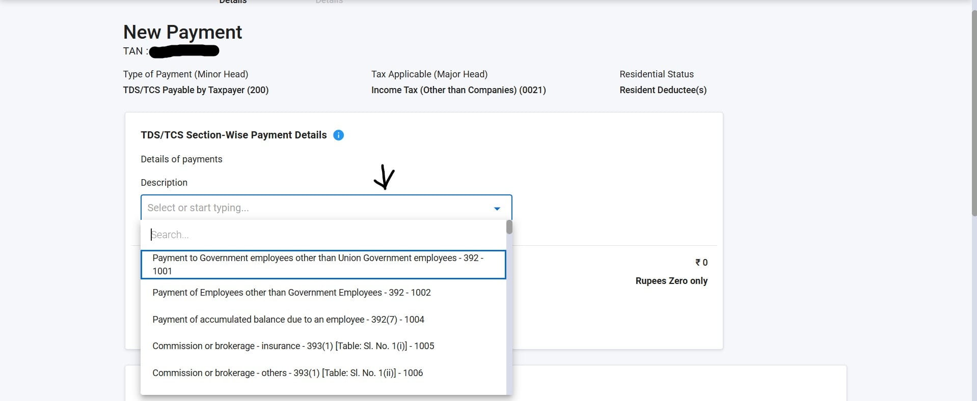 TDS/TCS Section-Wise Payment Details with Description dropdown showing new section codes